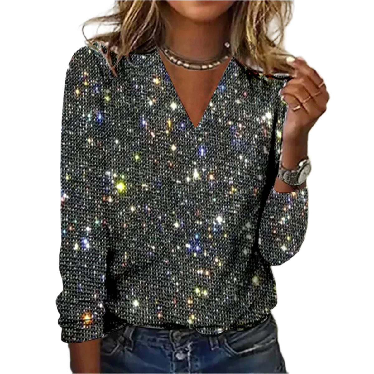 Glimmer Top med Dyb V-Hals | Chic Statement til Festlige Lejligheder