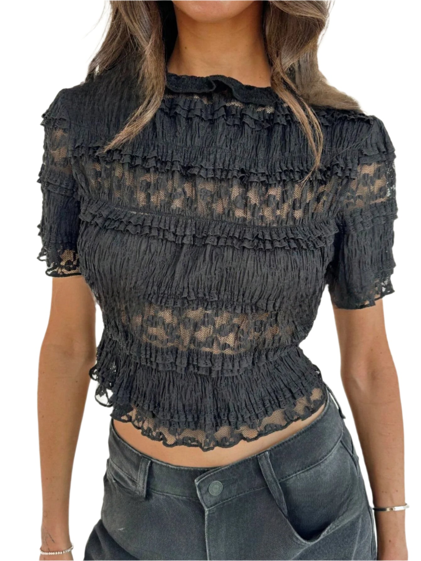 Kort Top med Elegant Blondekant | Mode til Unge Kvinder