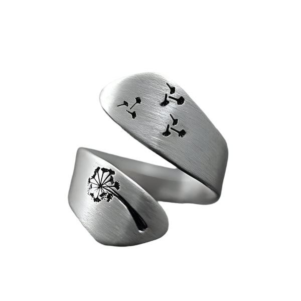Blomsterinspireret Justerbar Ring | Med Mælkebøttemønster og Sølvlook